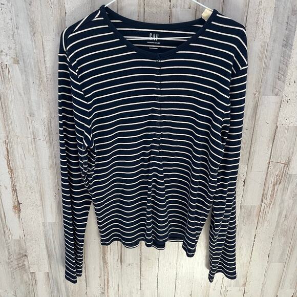 Gap Modern Henley Navy Blue Stripe Long Sleeve Ribbed Shirt Womens Size XL - Picture 1 of 7